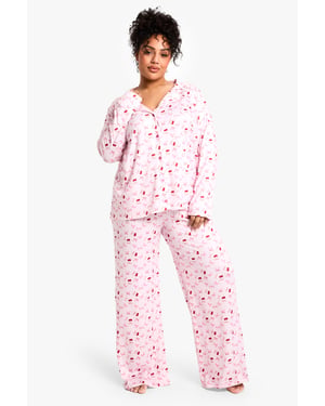 Plus Cherry Print Long Sleeve & Trouser PJ Set