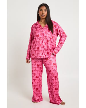 Plus Bow Print Long Sleeve & Trouser PJ Set