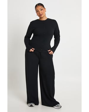 Plus Rib Button Through Long Sleeve Top & Trouser Co Ord