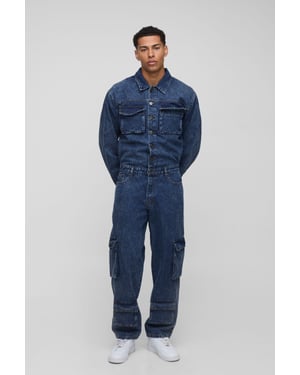 Long Sleeve Relaxed Washed Cargo Denim Boilersuit