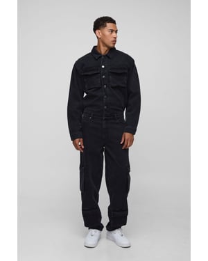 Long Sleeve Relaxed Washed Cargo Denim Boilersuit