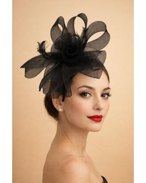 Folded Bow Fascinator with Tipped Feathers in Black