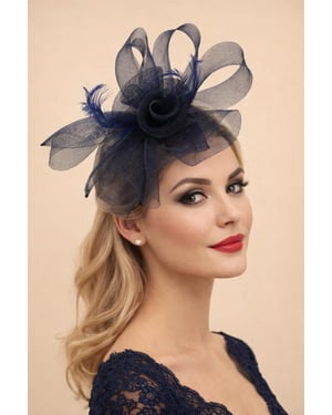 Folded Bow Fascinator with Tipped Feathers in Navy