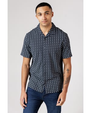 Navy Square Floral Print Short Sleeve Shirt