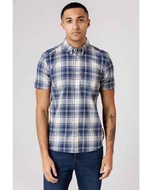 Blue Cotton Short Sleeve Checked Chest Pocket Shirt