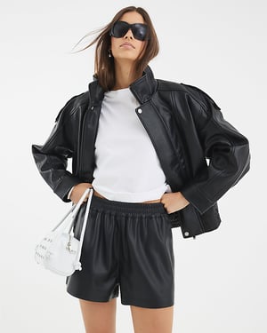 River Island Womens Shorts Black Elasticated Faux Leather