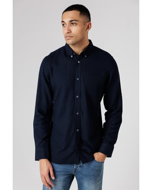 Navy Linen Blend Long Sleeve Chest Pocket Shirt