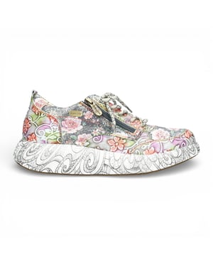 Laura Vita Nikito 62 dames sneakers met grijze bloemenprint van leer en platformzool.