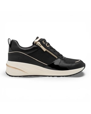 Tamaris dames hardloopschoenen met platformzool, zwart en goudkleurig, met ritssluiting en vetersluiting.