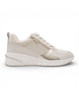 Tamaris dames witte en gouden platform sneakers met ritssluiting en vetersluiting.