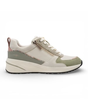 Tamaris dames witte en groene platform sneakers met ritssluiting en vetersluiting.