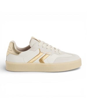 Tamaris dames sneakers van wit leer met gouden strepen