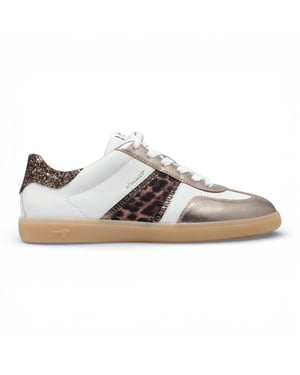 Tamaris dames sneakers van wit leer met luipaardprint