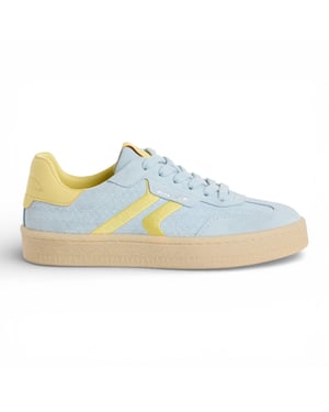 Tamaris dames sneakers van blauw leer met gele strepen