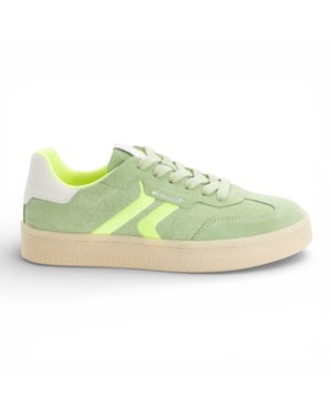 Tamaris dames sneakers van groen leer met neonstrepen