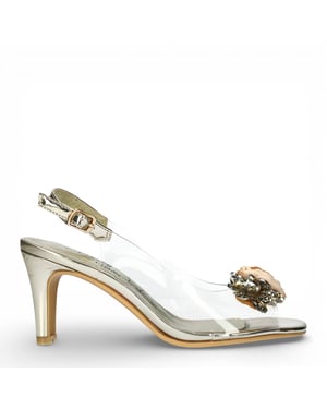 Laura Vita Mira 05 transparante gouden slip-on Cinderella pumps met taps toelopende hak en enkelbandje voor dames
