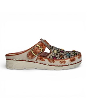 Laura Vita Dames Dorry 01 Bloemen Beige Leren Sleehak Slippers