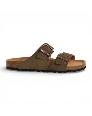 Tamaris herenslippers van olijfgroen leer met instapzool en voetbed.