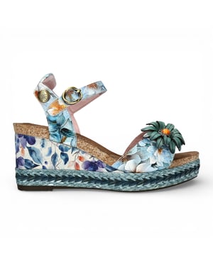 Laura Vita Facyo 75 damessandalen met sleehak, gemaakt van blauw leer met bloemenprint.