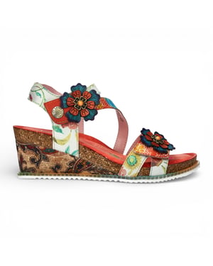 Laura Vita Dam Bonito 32 Orange Blommig Läder Kilklack Espadrill Sandaler