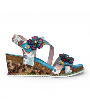 Laura Vita Dam Bonito 32 Turkosblå Blommiga Läderkil Espadrill Sandaler