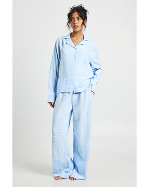 Breakfast Print Textured Long Sleeve Shirt & Trouser Pyjama 3 Piece Set