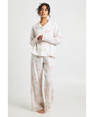Breakfast Print Textured Long Sleeve Shirt & Trouser Pyjama 3 Piece Set