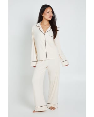 Petite Soft Rib Long Sleeve Shirt & Trouser PJ Set