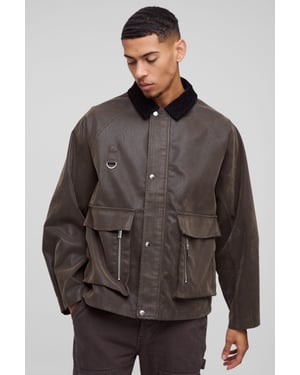 Oversized Boxy Peached PU Contrast Collar Worker Jacket