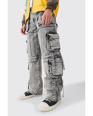 Baggy Rigid Multi Cargo Pocket Strap Detail Acid Wash Jeans