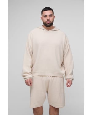 Plus Waffle Knitted Oversized Hoodie & Short Set