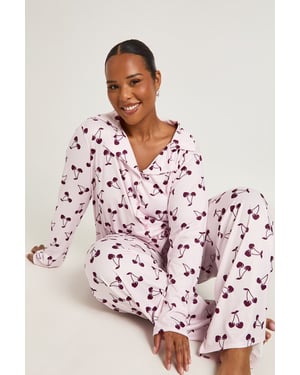 Plus Cherry Print Long Sleeve & Trouser PJ Set