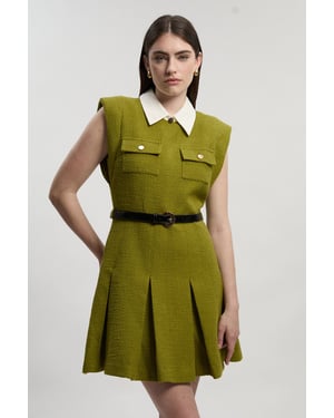 Textured Tweed Contrast Collar Pleated Tailored Mini Dress