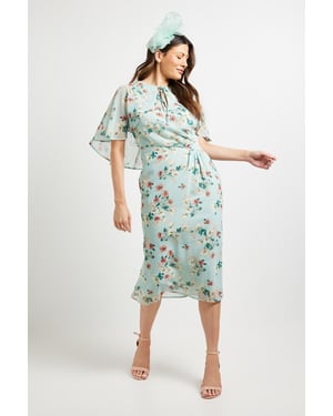 Cape Sleeve Ruched Midi Dress