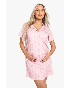 Maternity Bow Print Button Through Collar Nightie