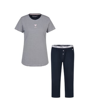 By Louise Dames korte mouwen capri pyjama set lang donkerblauw gestreept
