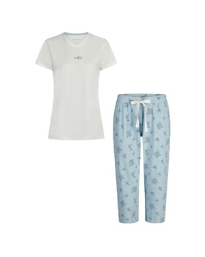 By Louise Dames capri pyjama driekwart broek v-hals wit/blauw gebloemd