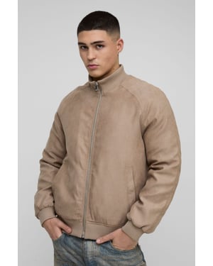 Raglan Regular Fit Funnel Neck Faux Suede Bomber Jacket