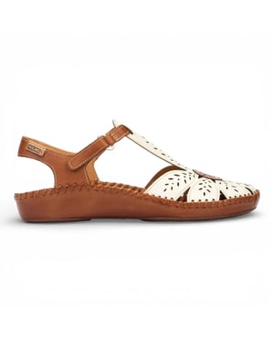 Pikolinos dames sandalen met sleehak, gemaakt van bruin en crèmekleurig leer - P-Vallarta