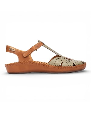 Pikolinos dames sandalen met sleehak, gemaakt van bruingroen leer en voorzien van demping - P-Vallarta