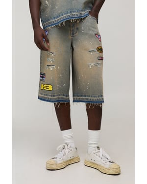 Washed Moto Badge Longline Jorts