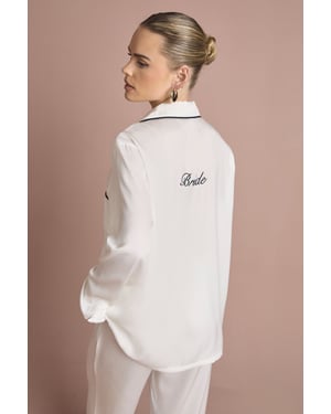 Bridal 'Bride' Satin Embroidered Long Sleeve Shirt & Trousers Pyjama Set