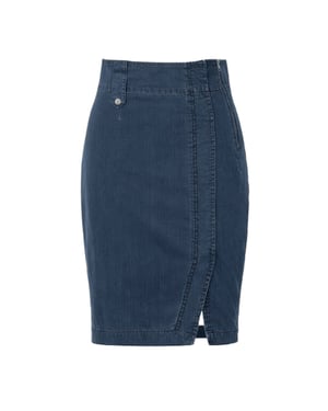 Moderne denim kokerrok met asymmetrische naad