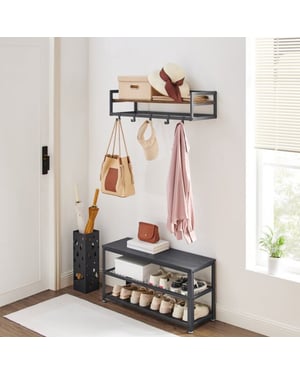 MAZAZU Wandkapstok – houten plank & 6 haken – bruin/ – 80 cm breed