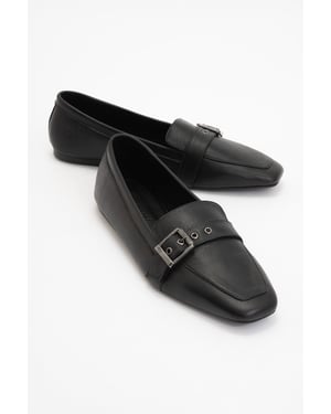 Noir Läder Platt Loafers Dam