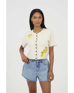 Ivory Short Sleeve Cardigan With Lemon Embroidery