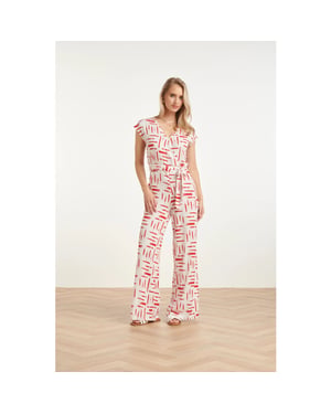 Smashed Lemon Jumpsuit met grafische streep print rood/wit |