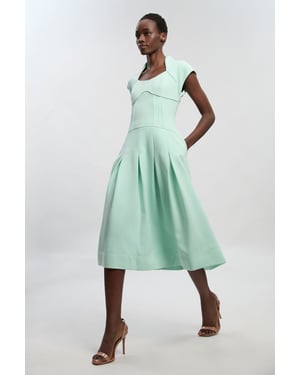 Compact Stretch Dropped Waist Full Skirted Midi Dress