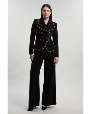 Compact Stretch Contrast Tipped Wide Leg Tailored Trouser