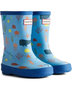 Hunter Kids First Classic Ocean Print Boot Rubber Kid's Amplifying Blue/Dragonfly Blue Wellington Boots